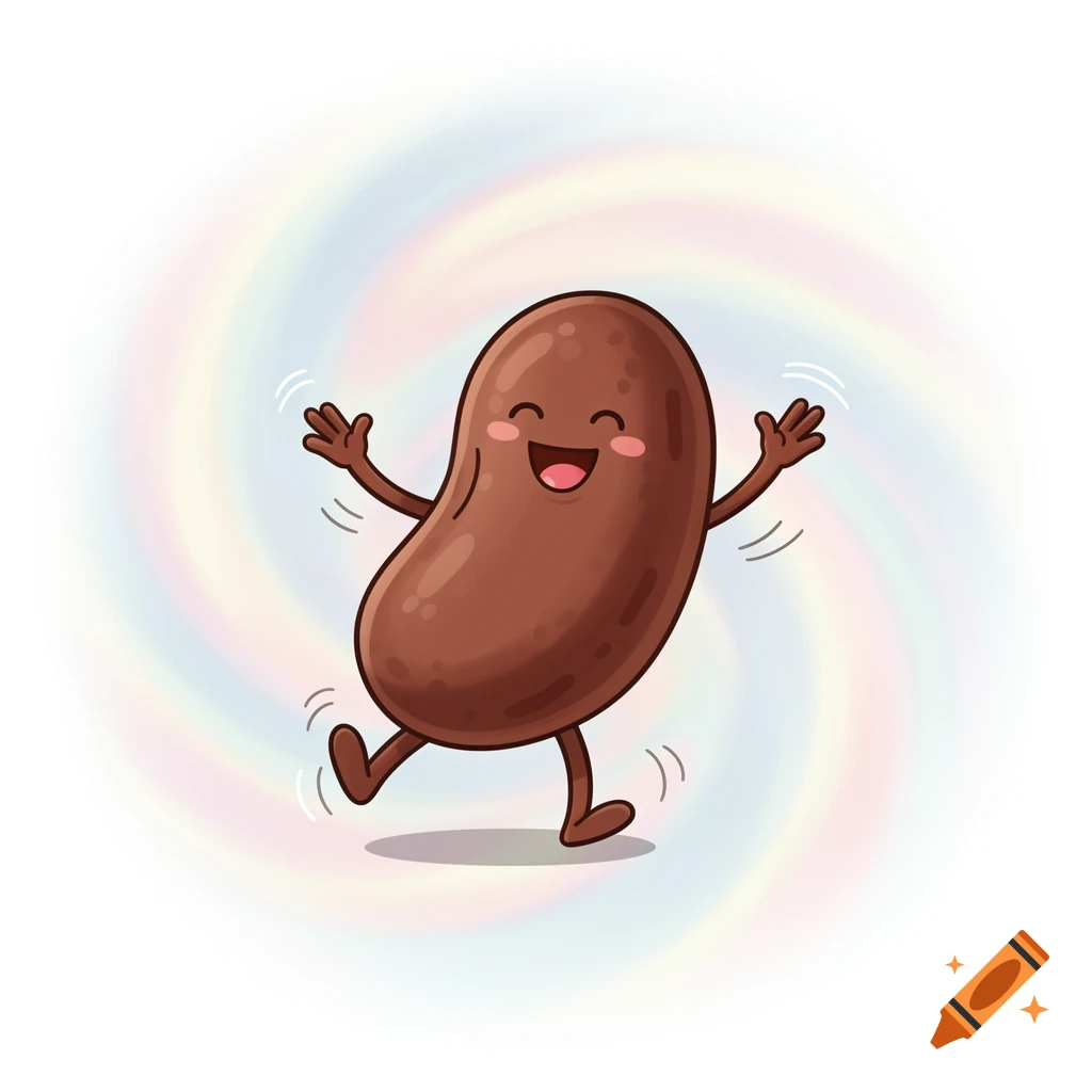 A cheerful, brown cartoon bean character with a happy face, arms, and legs, waves while walking on a light pastel swirl background.