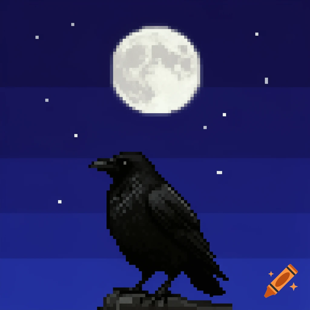A pixel art crow sits against a dark blue night sky with a large, white full moon and scattered white stars.