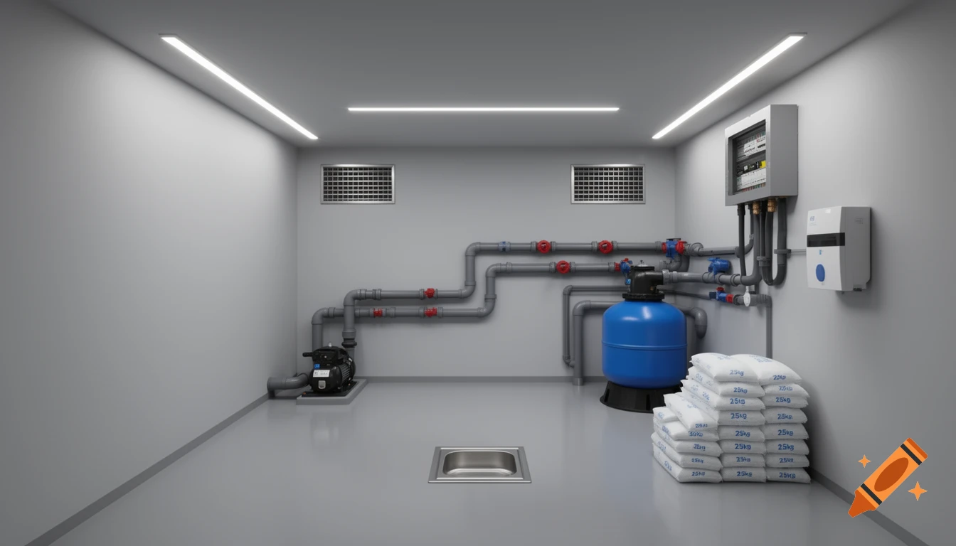 Photorealistic 3D rendering of a clean, modern technical room with a pool filtration system, pipes, electrical panel, and stacked salt bags.