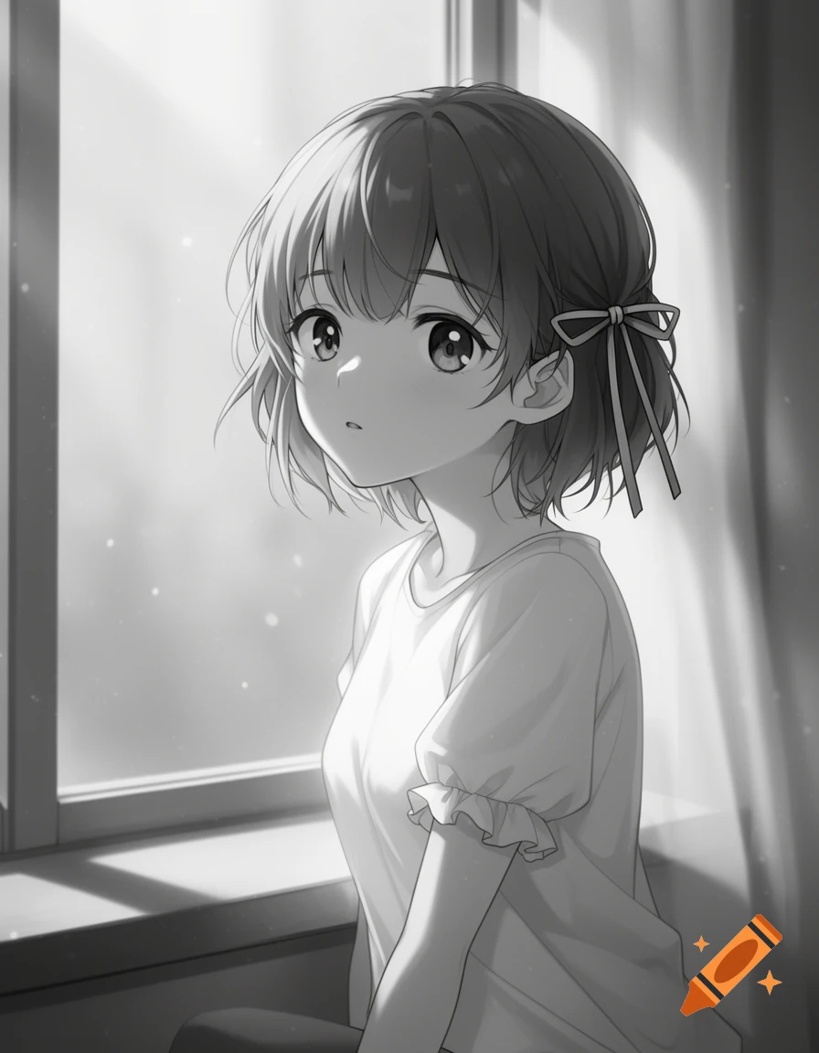 Black and white anime drawing of a short-haired girl with a bow looking out a sunlit window.