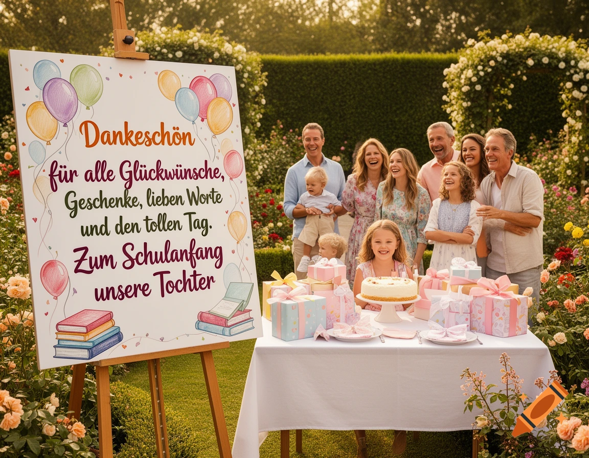 A joyful family celebrates in a rose garden, gathered around a table with a cake and gifts, beside a sign with German text.