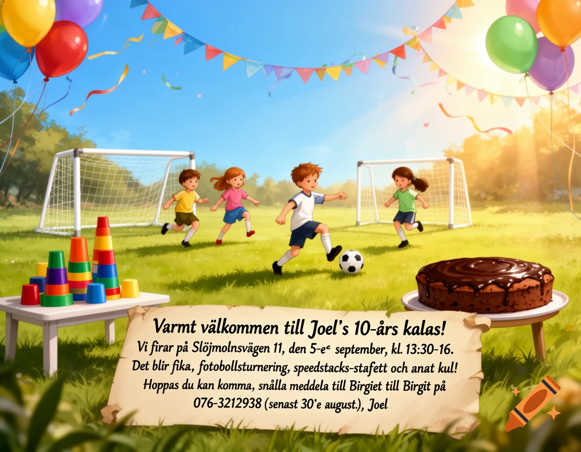 Cartoon illustration of a child's birthday party invitation. Kids play soccer on a grassy field with goals, balloons float overhead, a chocolate cake sits on a table, and a scroll with invitation text is in the foreground.