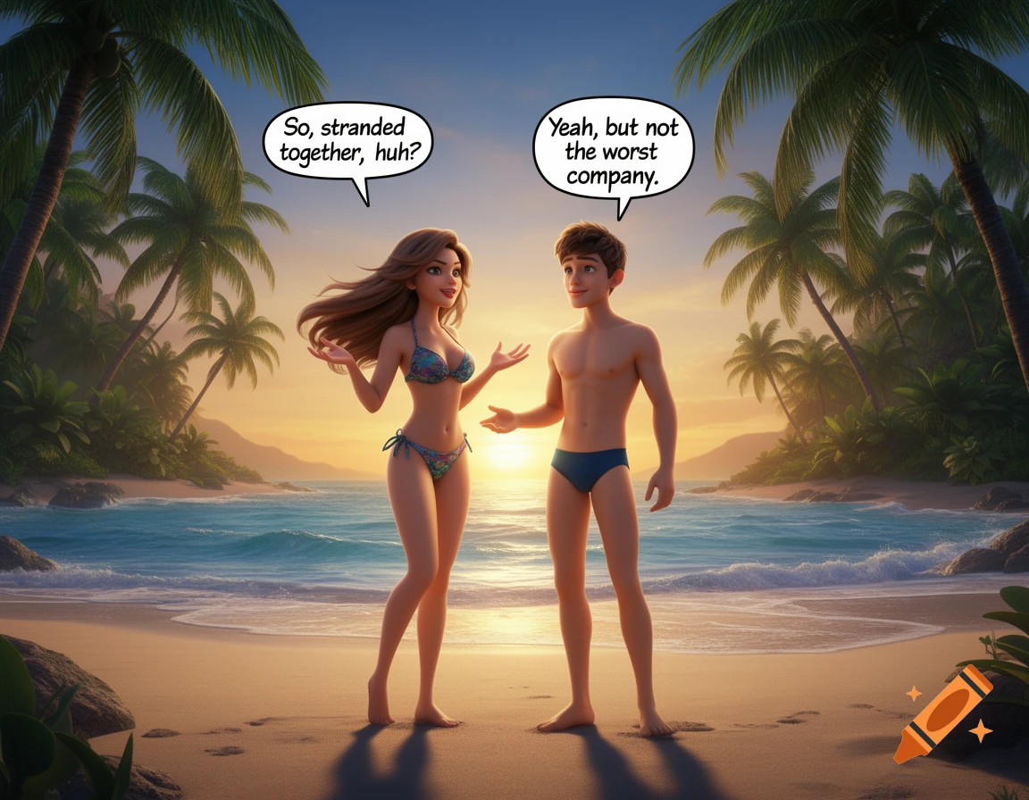 A 3D animated man and woman in swimwear talk on a beach at sunset, palm trees and ocean waves in the background.