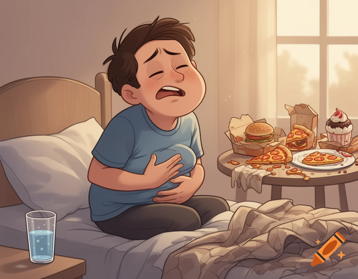 Cartoon of a boy sitting on a bed, looking unwell and holding his stomach, with leftover fast food and dessert on a nearby table.
