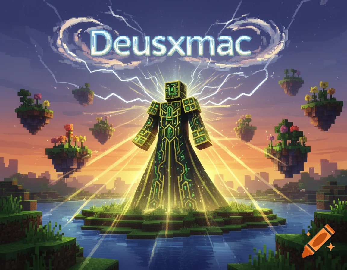 A glowing, robed pixel art figure on a floating island over water in a Minecraft-style world at sunset, with 'Deusxmac' text in the sky.