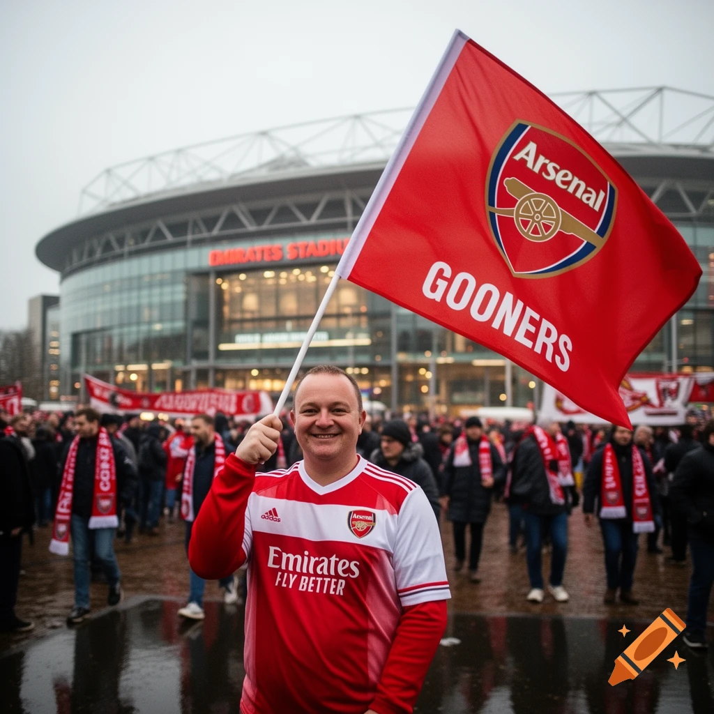 A man in an Arsenal jersey smiles and holds an 'Arsenal Gooners' flag in front of Emirates Stadium, surrounded by other fans.