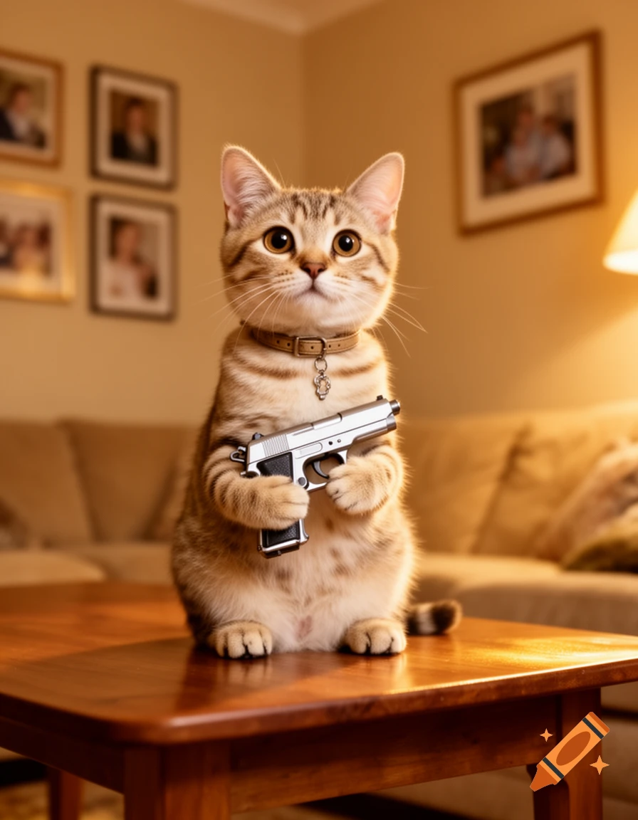 A cute tabby cat sits on a wooden coffee table, holding a silver pistol in its paws in a living room.