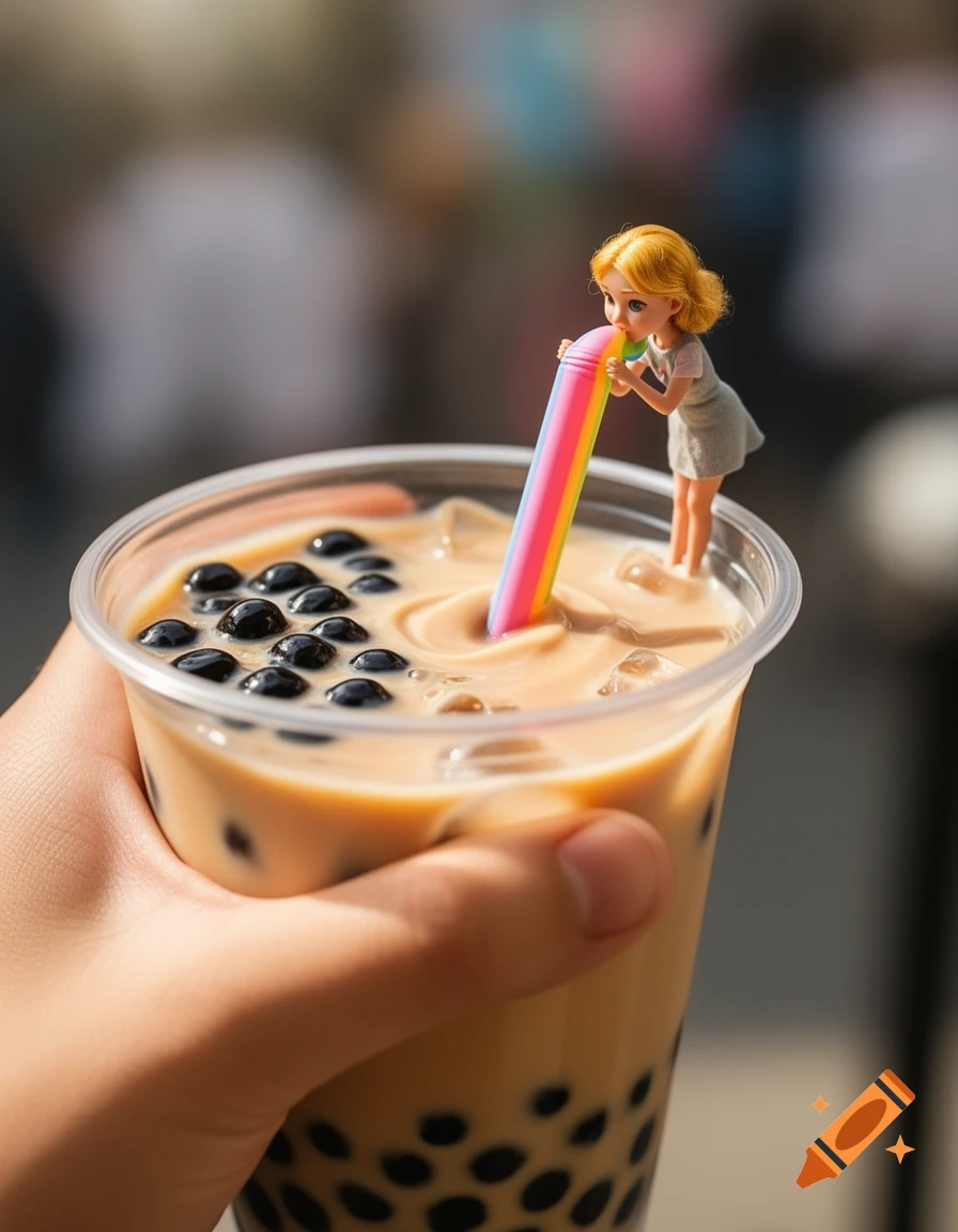 Close-up of a hand holding a boba milk tea with black tapioca pearls. A tiny doll bites a rainbow straw.