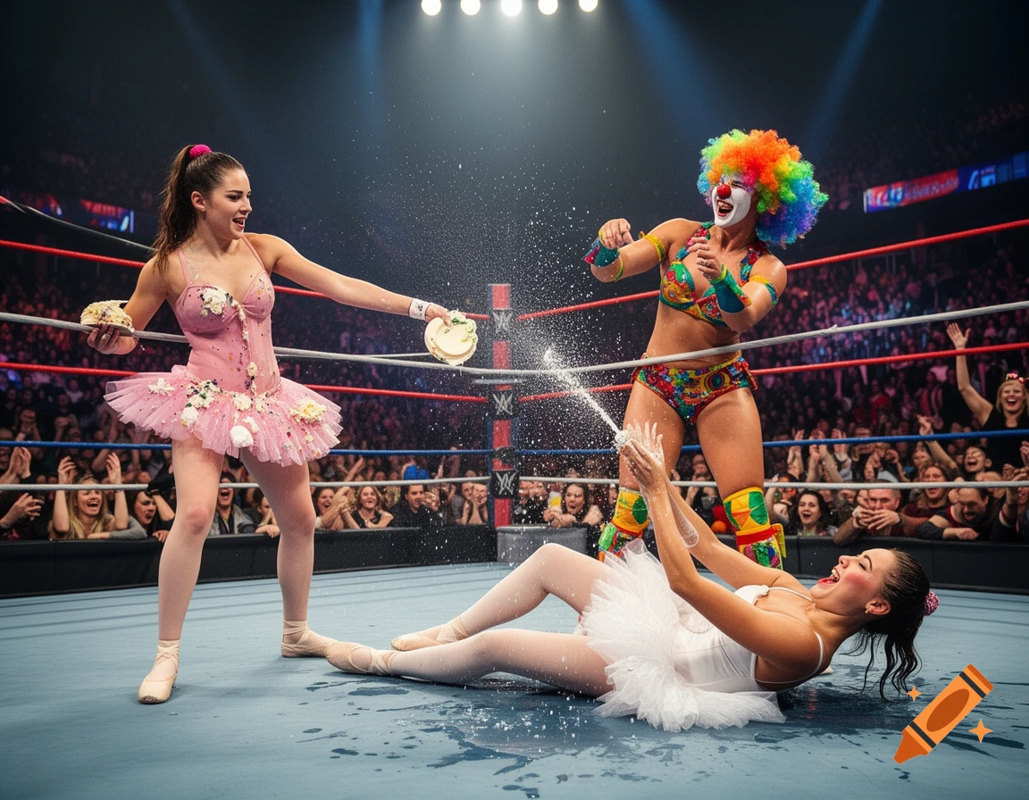 Clown wrestler spraying seltzer on a ballerina in a white tutu on a wrestling mat, while another ballerina in pink holds cream pies. A crowd cheers in the background.