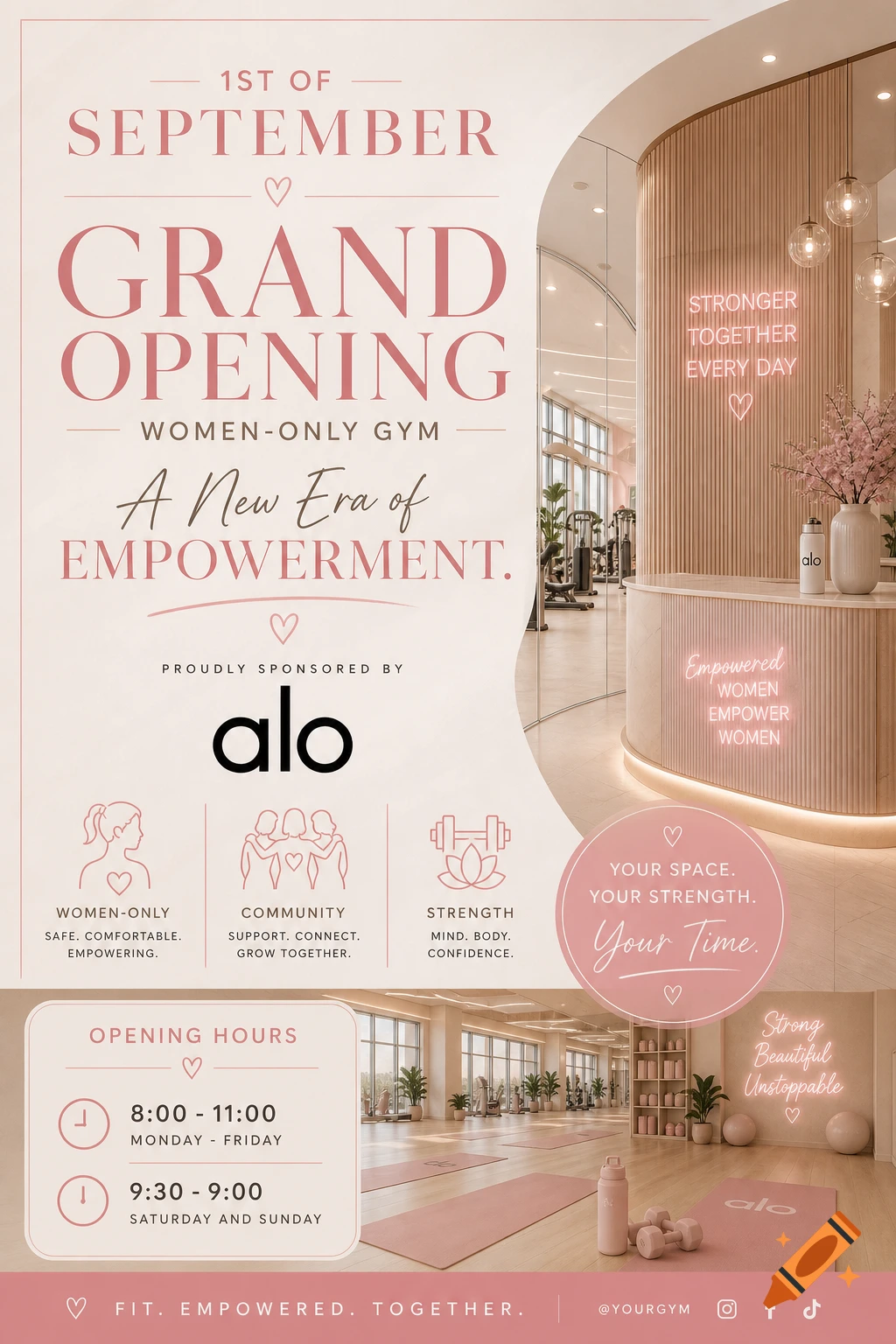A promotional poster for a women-only gym grand opening, featuring a pink and light wood interior, text details, and Alo branding.