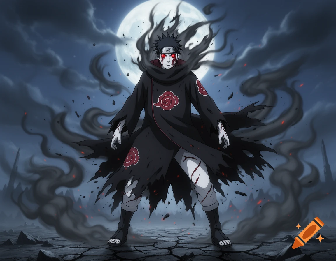 Anime illustration of a dark-haired character with red eyes and a torn black cloak with red cloud symbols, standing on cracked ground under a full moon with dark clouds.