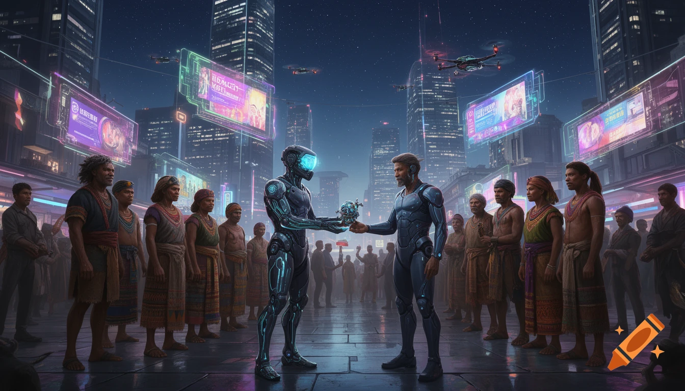 A futuristic robot and a man in a cyber suit exchange an object with indigenous people in a neon-lit cyberpunk city.