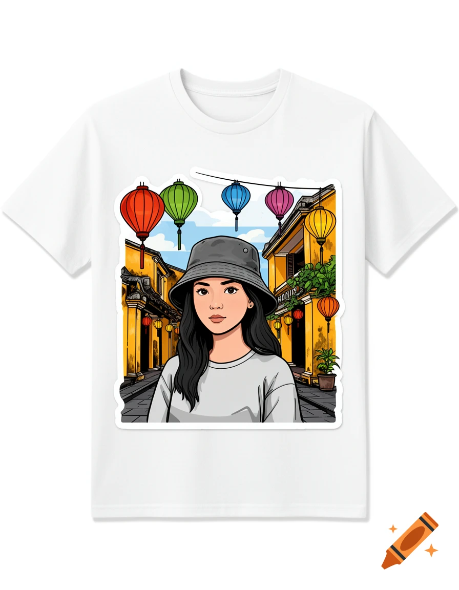 Flat vector illustration of a young woman in a bucket hat standing in a street with yellow buildings and colorful lanterns in Hoi An, Vietnam.