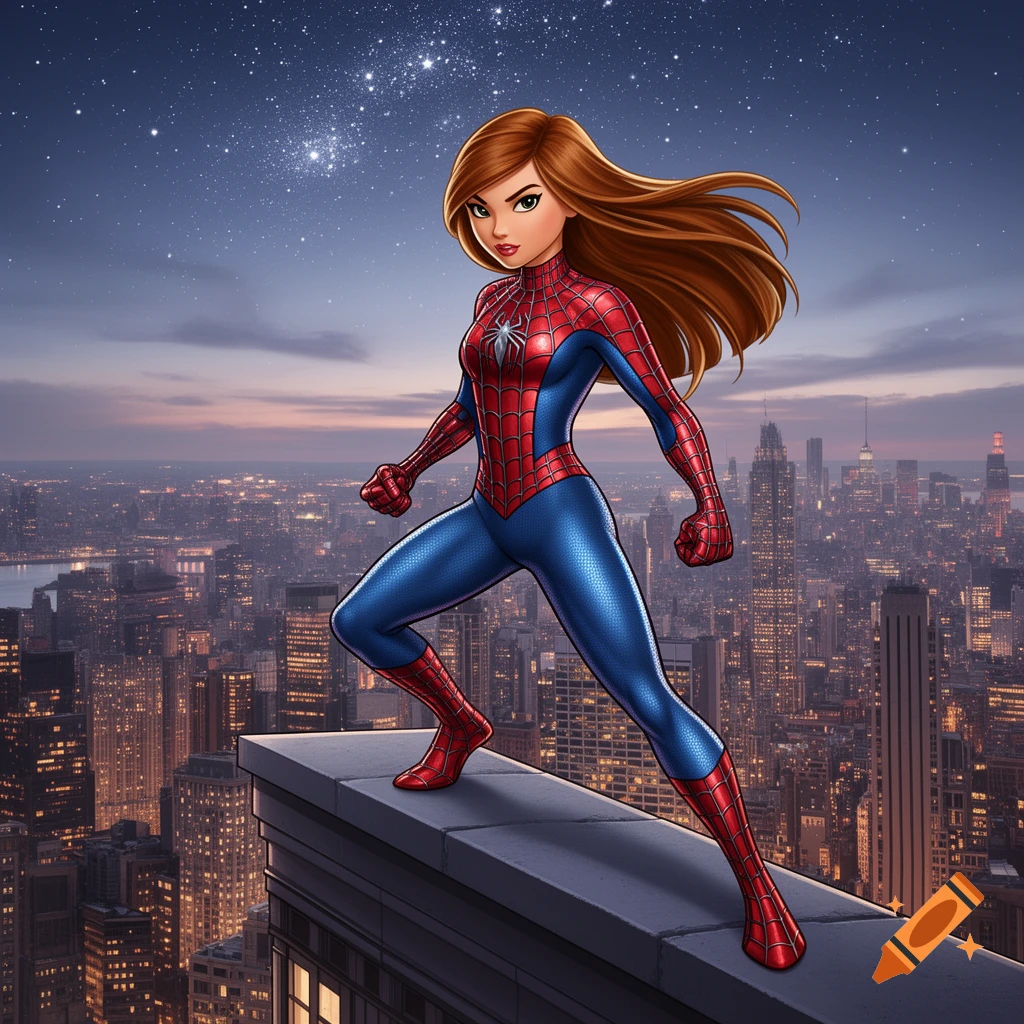 Brown-haired female superhero in a Spider-Man suit stands on a city rooftop overlooking buildings at dusk, comic art style.