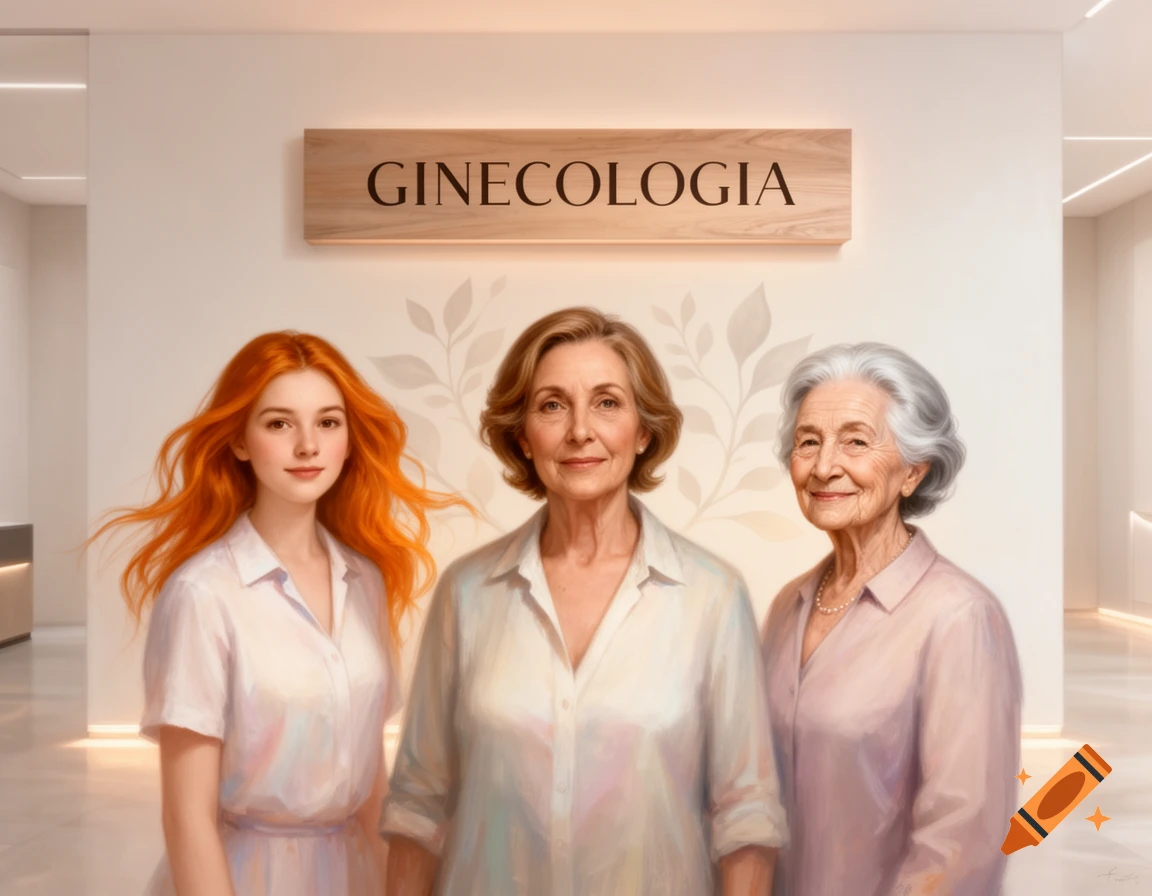 Three smiling women of different ages, from young to elderly, in a modern clinic with a 'GINECOLOGIA' sign. Realistic painterly style.