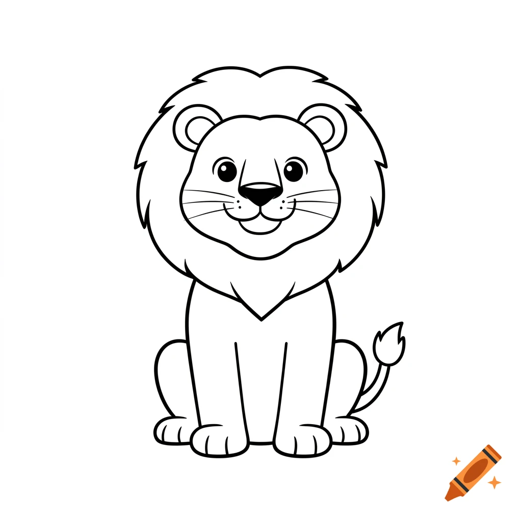 A cute cartoon lion in a black-and-white line art style, designed as a children's coloring page.