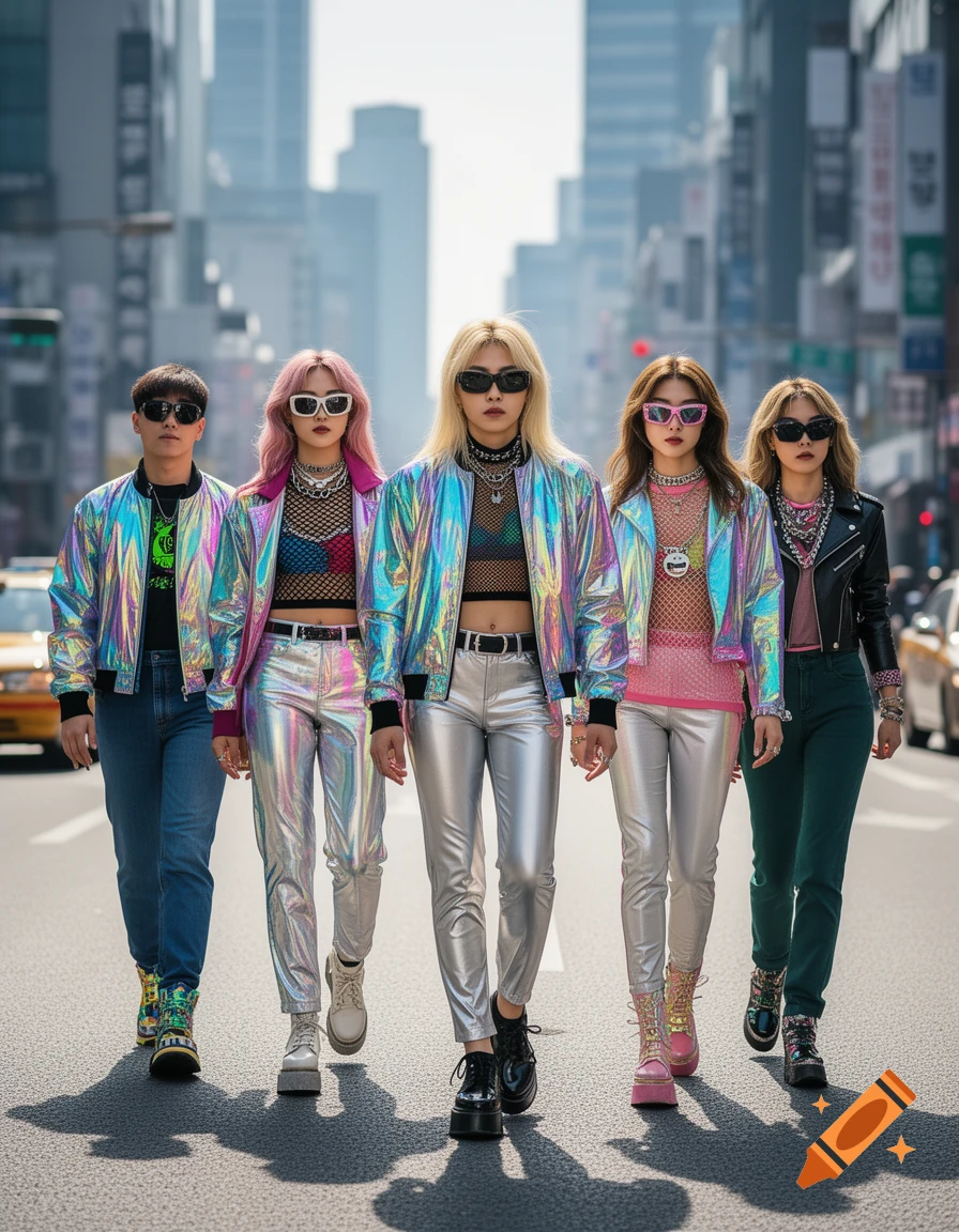 Five people in vibrant Y2K-inspired iridescent and metallic outfits walk down a sunny city street.