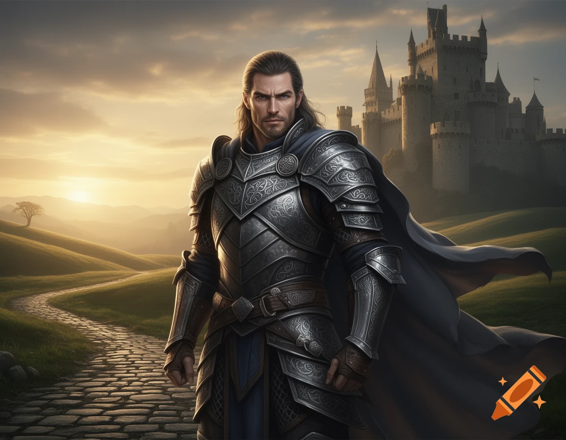 A knight in ornate armor stands on a cobblestone path overlooking green hills with a large castle at sunset.