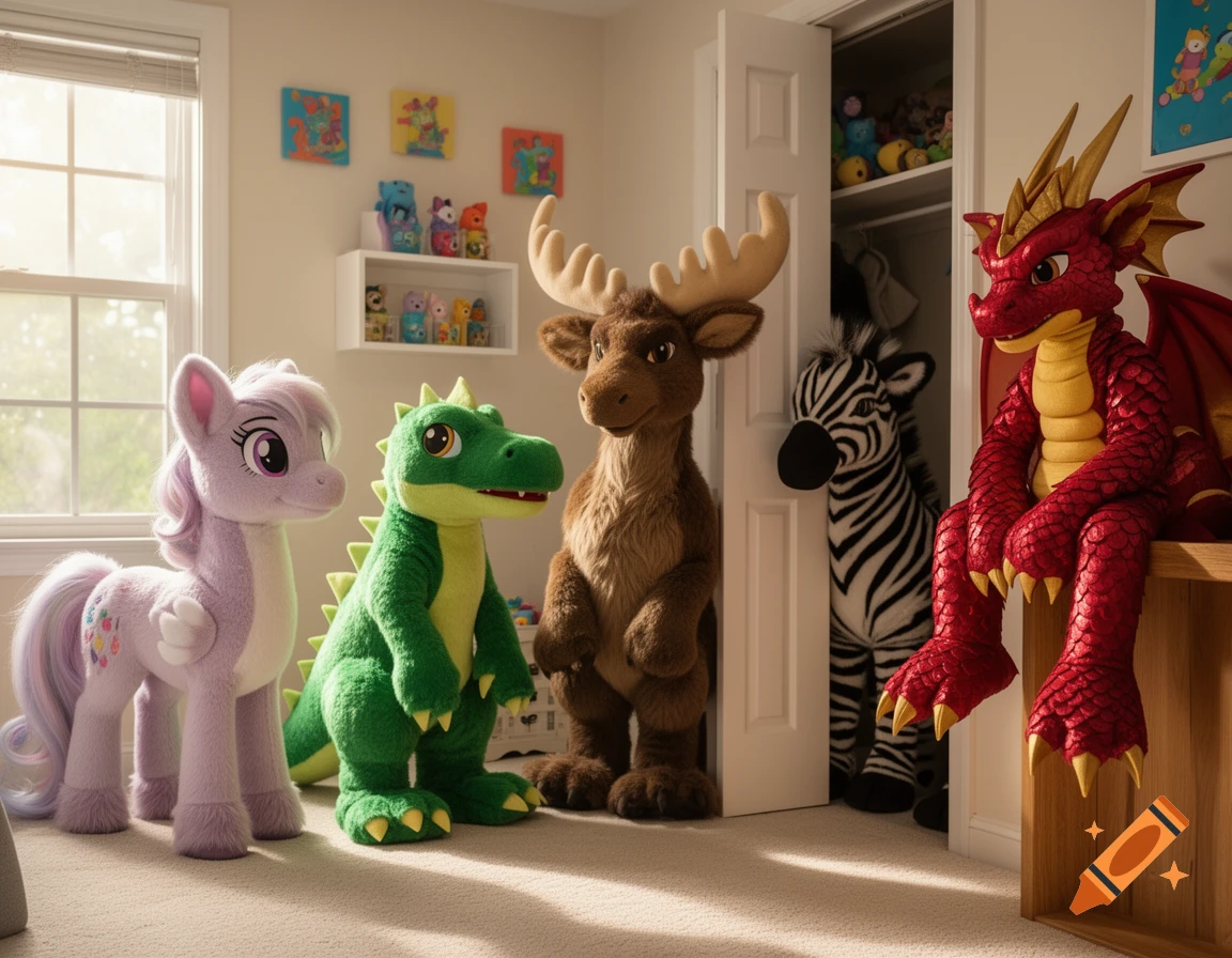 Photorealistic image of a pony, dinosaur, moose, zebra, and red dragon plush toys in a child's room.