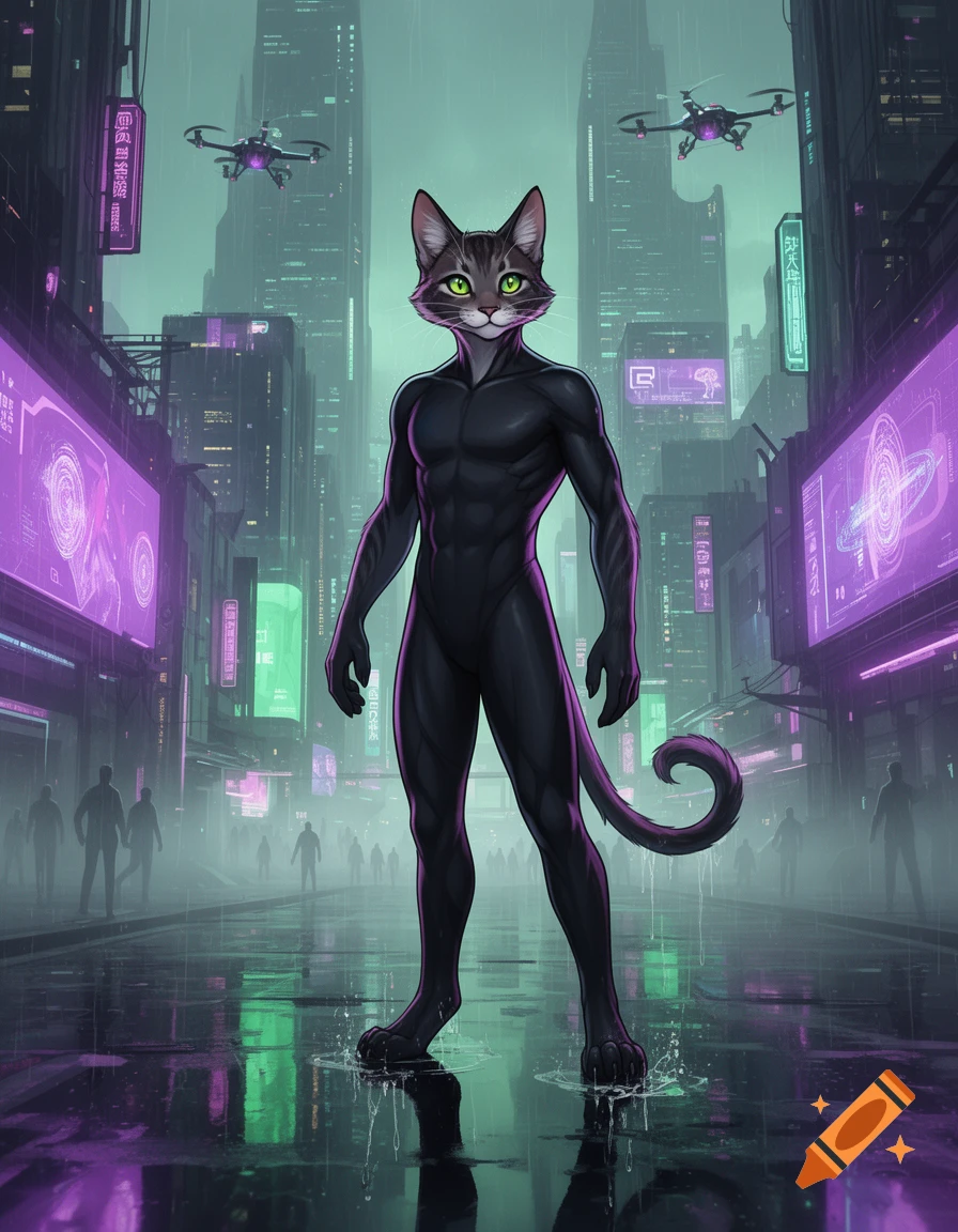 A lean anthro feline in a black catsuit stands on a rainy cyberpunk street with neon signs and flying drones, in a furry art style.