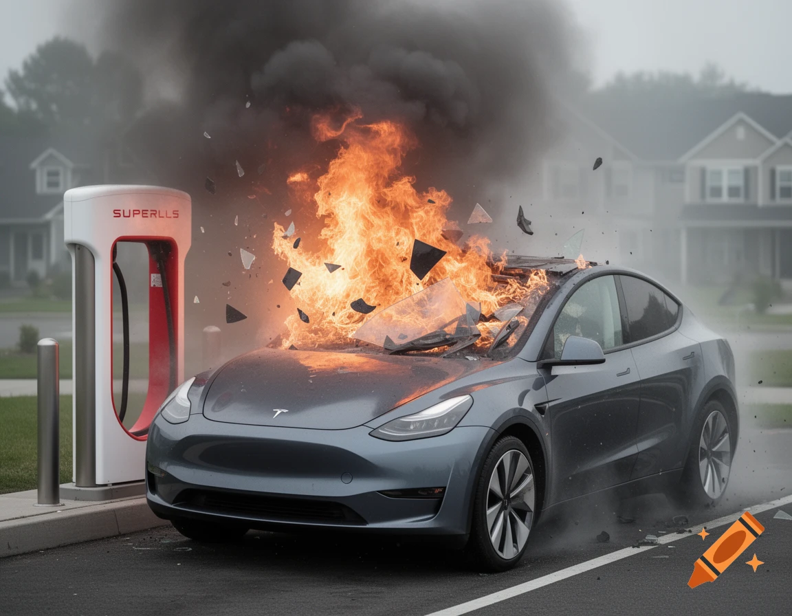 A gray Tesla Model Y is engulfed in flames and smoke next to a white charging station.