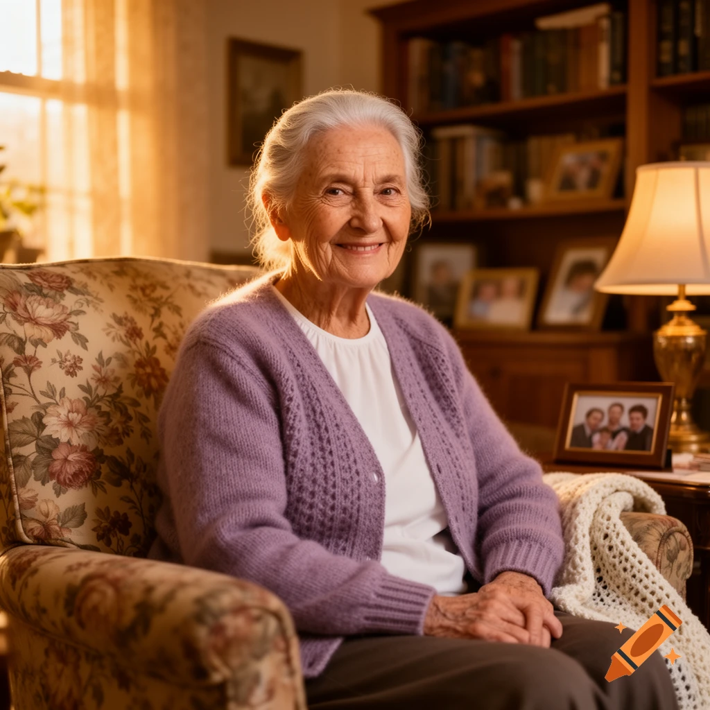 An elderly woman with white hair smiles warmly while sitting in a floral armchair in a cozy living room.
