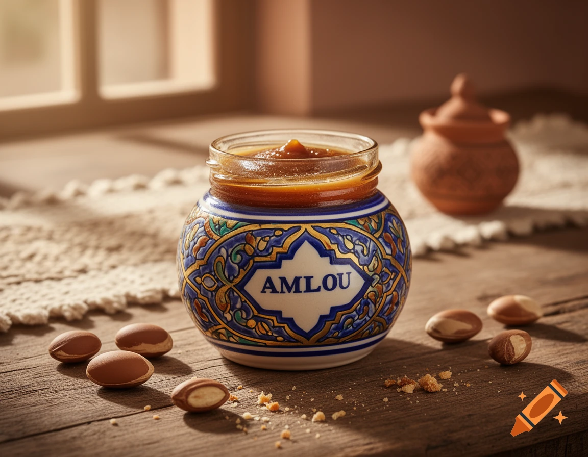 Photorealistic shot of a traditional Moroccan amlou spread in a decorated jar, surrounded by argan nuts on a wooden table.