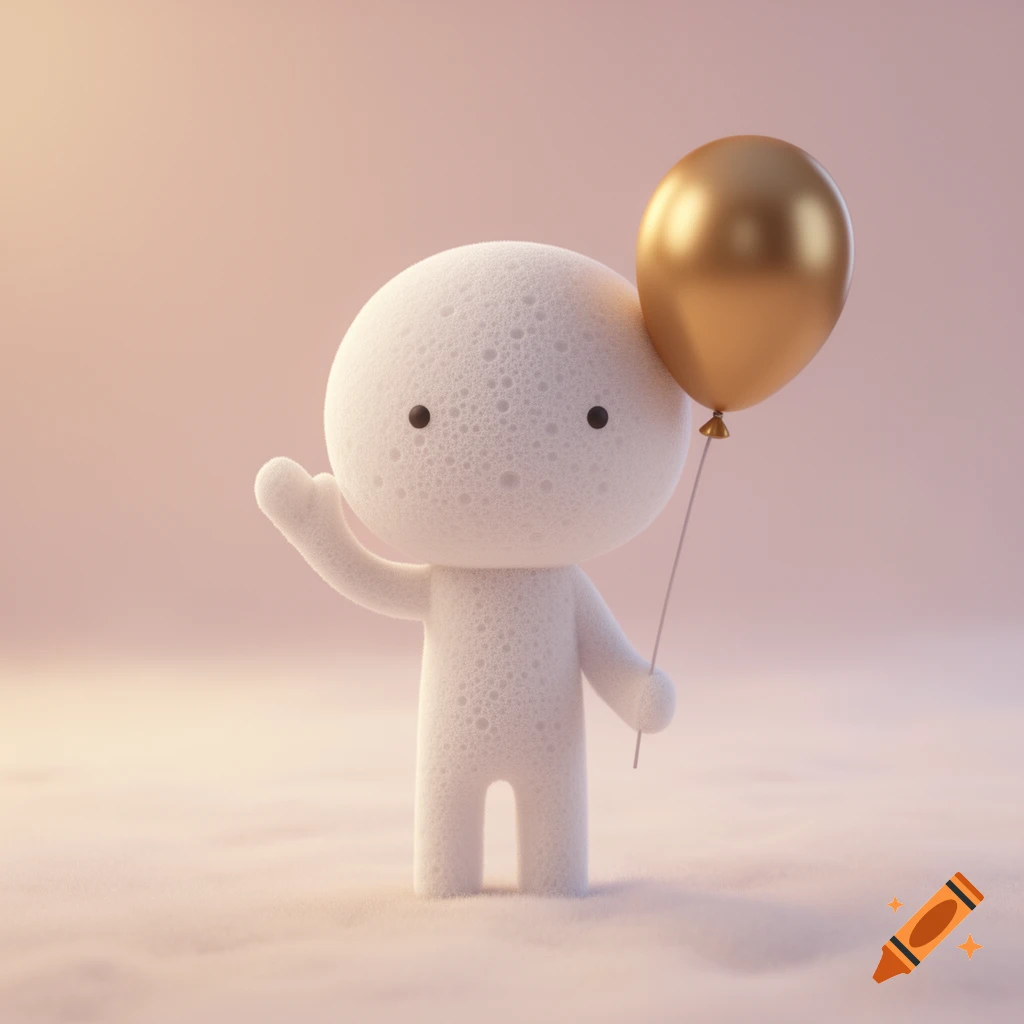A cute, minimalist white spongy figure, chibi-style, waves and holds a golden balloon on a pastel background.