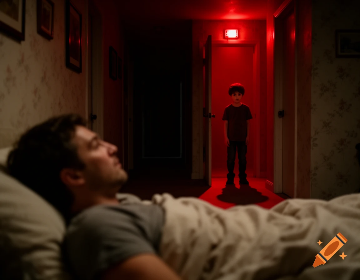 A small child stands in a dark doorway, silhouetted by a red light, staring at a blurred man sleeping in bed.