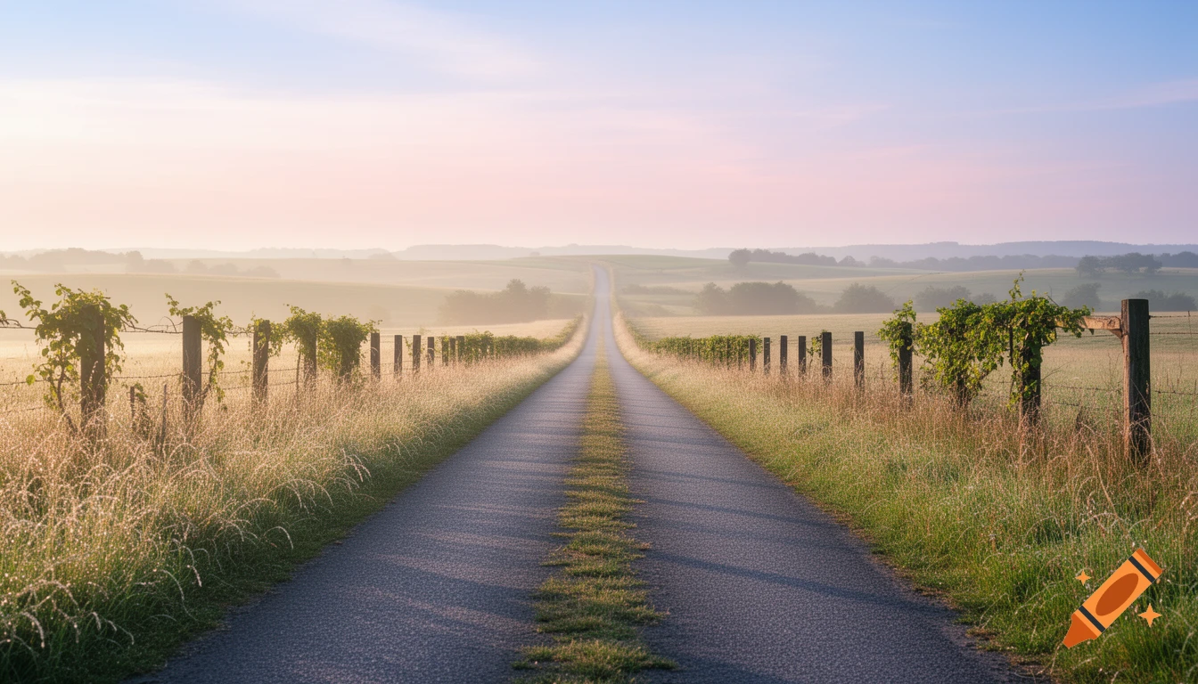 A long paved road stretches into the distance, bordered by fences and misty fields, under a soft pink and blue morning sky.