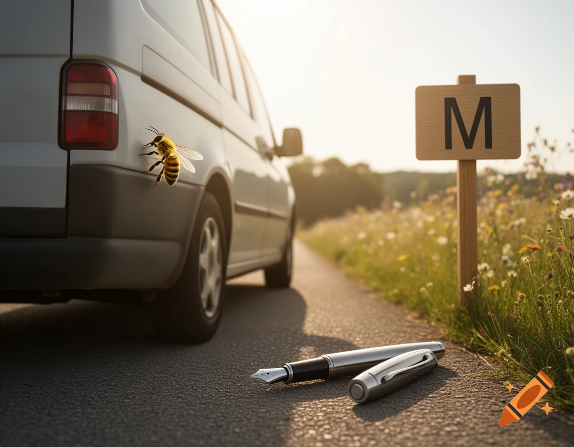 A photorealistic image of a bee on a white van, with a fountain pen on the road and an 'M' sign in a wildflower field at sunset.
