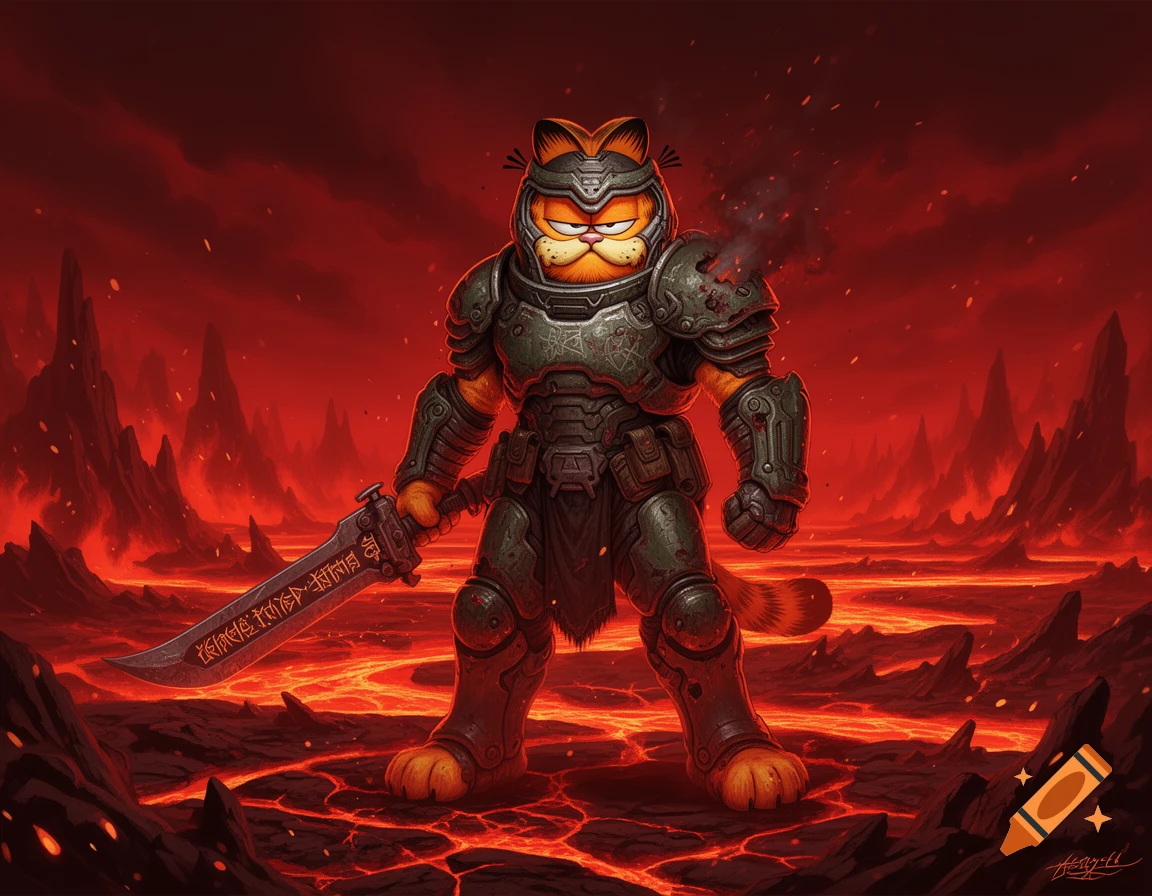 Garfield cartoon character dressed as the Doom Slayer, wearing futuristic armor and holding a sword, stands in a fiery, hellish landscape with rivers of lava and jagged rocks.