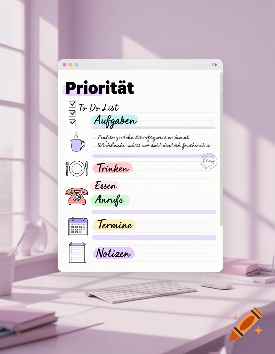 A stylized digital to-do list with 'Priorität' on a screen, showing tasks like 'Aufgaben', 'Trinken', 'Essen', on a minimalist desk.