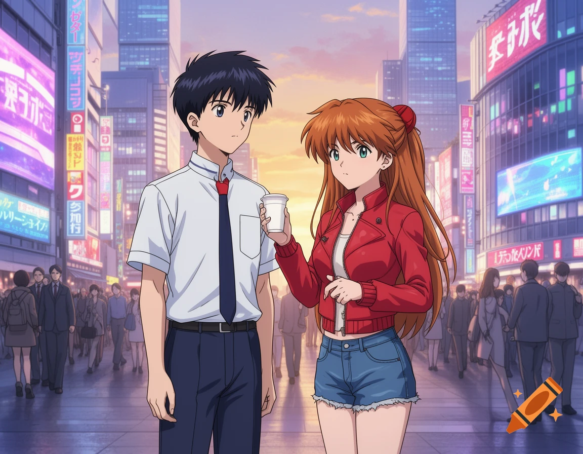 Anime characters Shinji and Asuka from Evangelion stand on a crowded city street lined with neon signs at sunset.