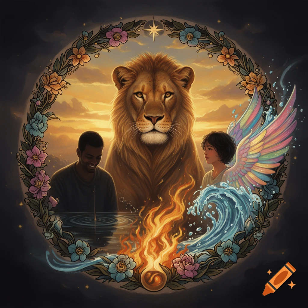 A symbolic illustration of a lion, a smiling man, and a winged woman with rainbow wings, framed by a floral wreath, fire, and water elements at sunset.