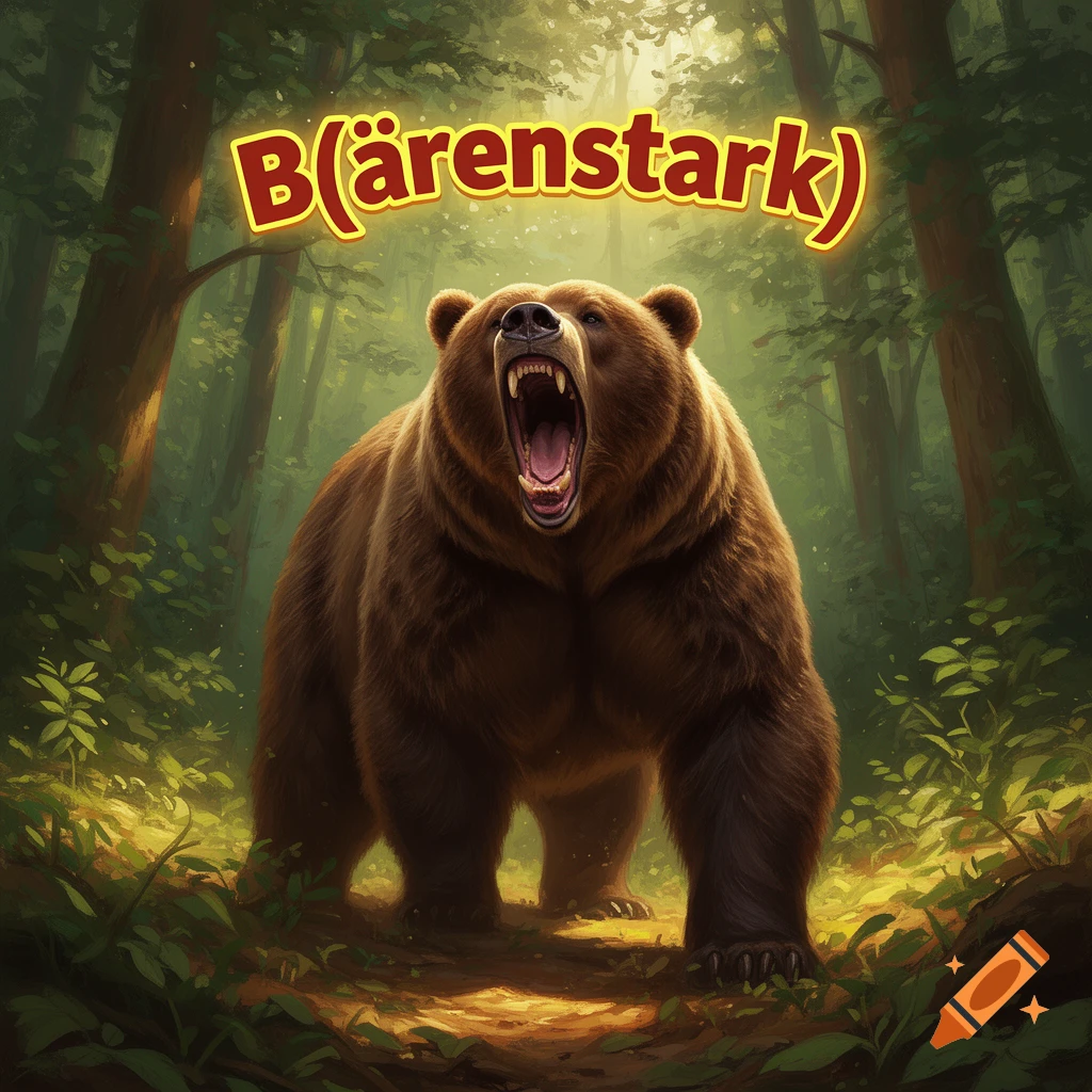 A roaring brown bear stands in a sunlit forest. The text 'B(ärenstark)' is visible above its head.