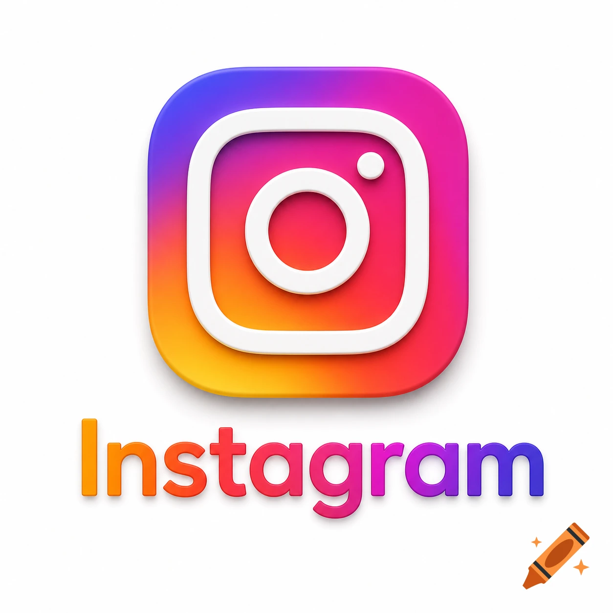 A vibrant 3D rendering of the Instagram logo and text on a white background, featuring a gradient of purple, pink, orange, and yellow.