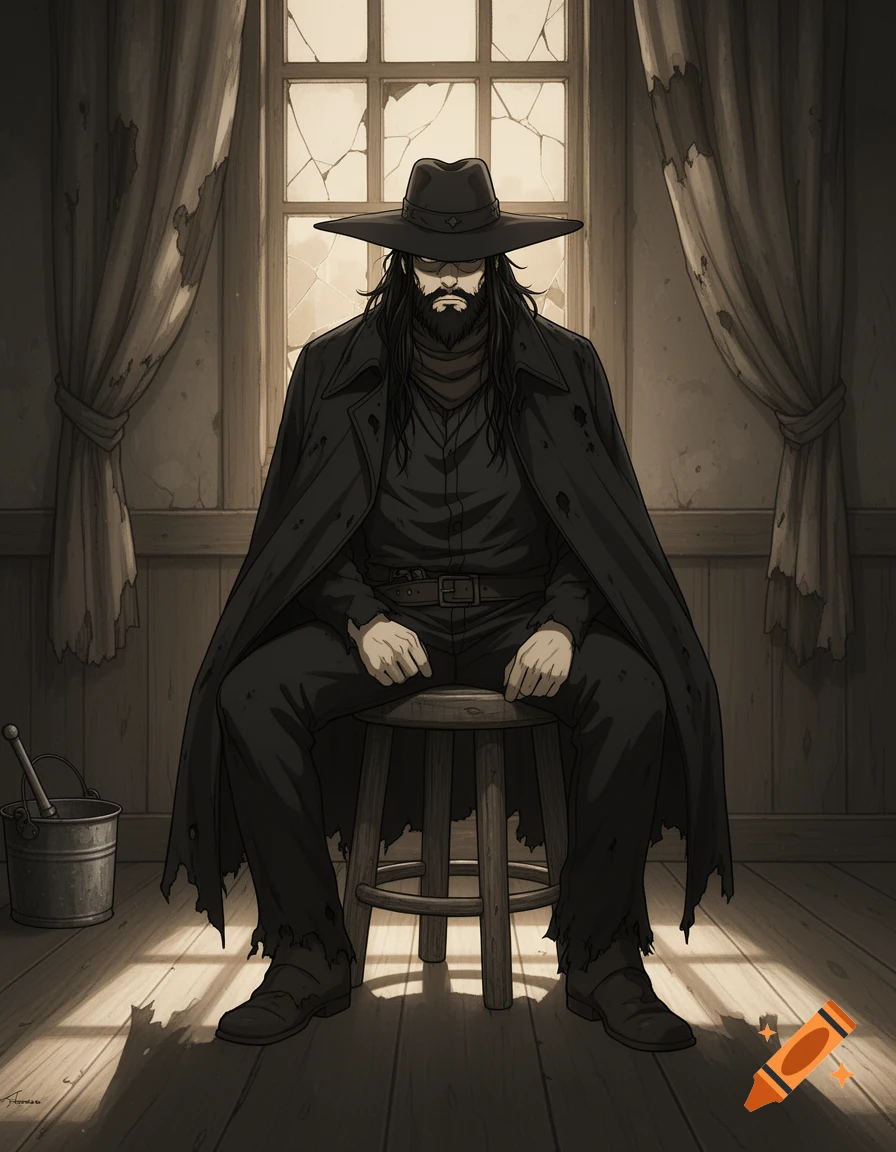 Anime style Western drifter with a black hat, long hair, and beard sits on a stool in a derelict room.