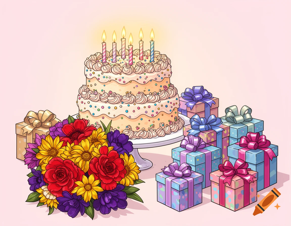 A graphic illustration of a tiered birthday cake with lit candles, a vibrant bouquet of flowers, and colorful wrapped gifts.