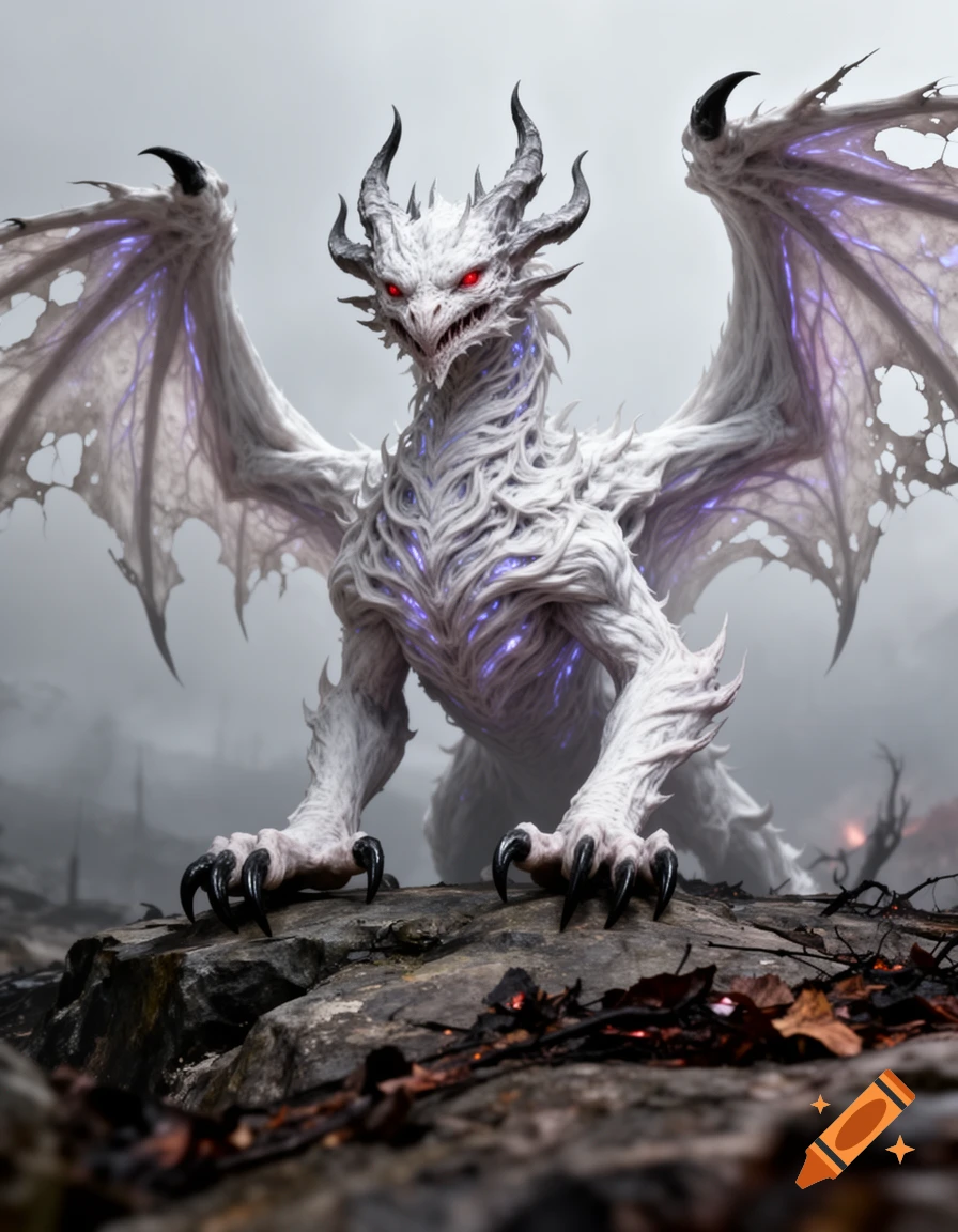 A white, horned, demonic dragon with red eyes, tattered wings, and glowing purple markings stands on rocks in a misty, desolate landscape.