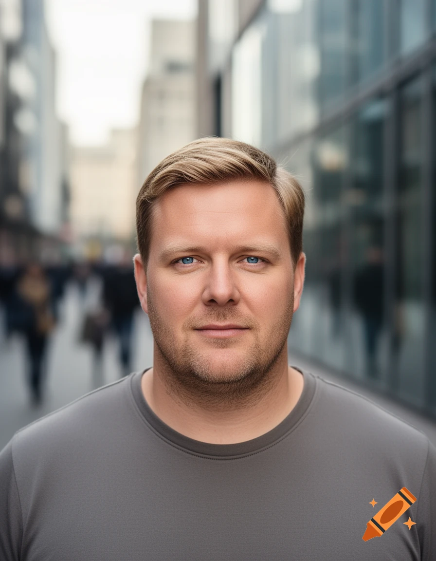 Close-up photorealistic portrait of a blond man with blue eyes and light stubble, wearing a gray t-shirt, against a blurred city street background.