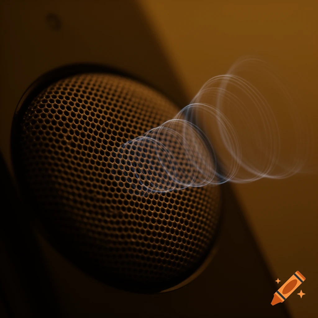 Extreme close-up of a golden honeycomb phone speaker with faint white light trails representing sound waves, in warm, dim lighting.