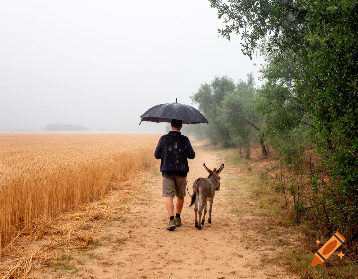 A man with an umbrella walks along a sandy path with a small donkey beside a golden wheat field and green trees in the rain. Photorealistic.