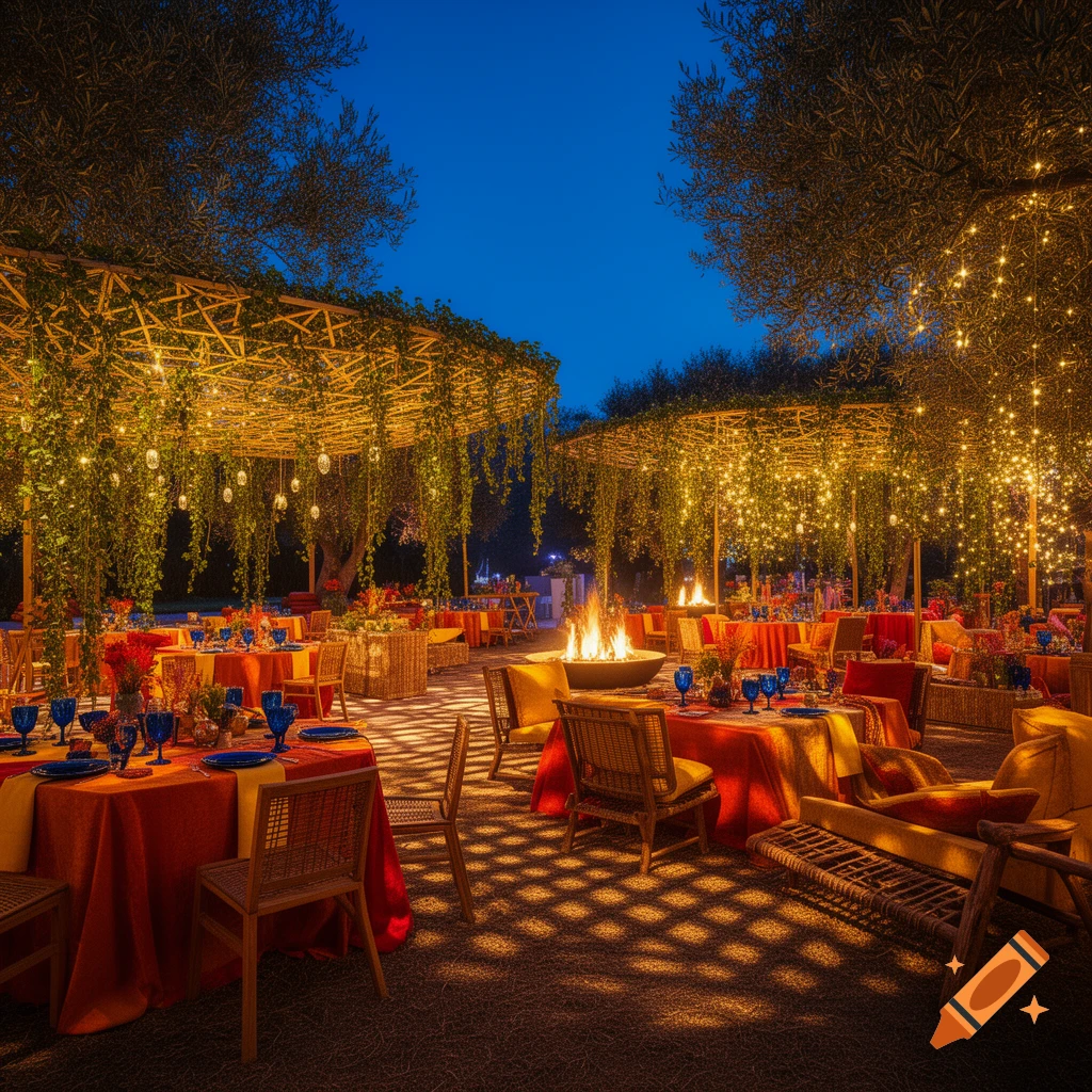 An enchanting outdoor festival setting at night with warm string lights, dining tables with red and orange cloths, blue dishware, and a glowing fire pit.
