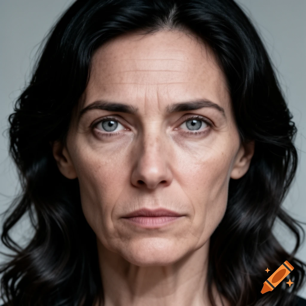 Close-up photorealistic portrait of a woman with dark wavy hair, gray eyes, and a stoic expression.