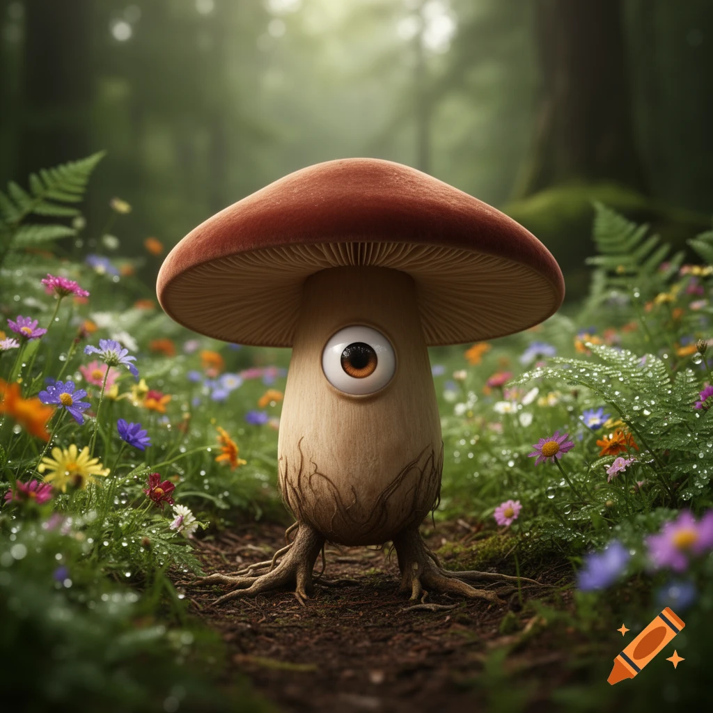 A cute, photorealistic mushroom creature with a large brown eye and root-like legs stands on a path in a lush forest with colorful wildflowers and dew drops.