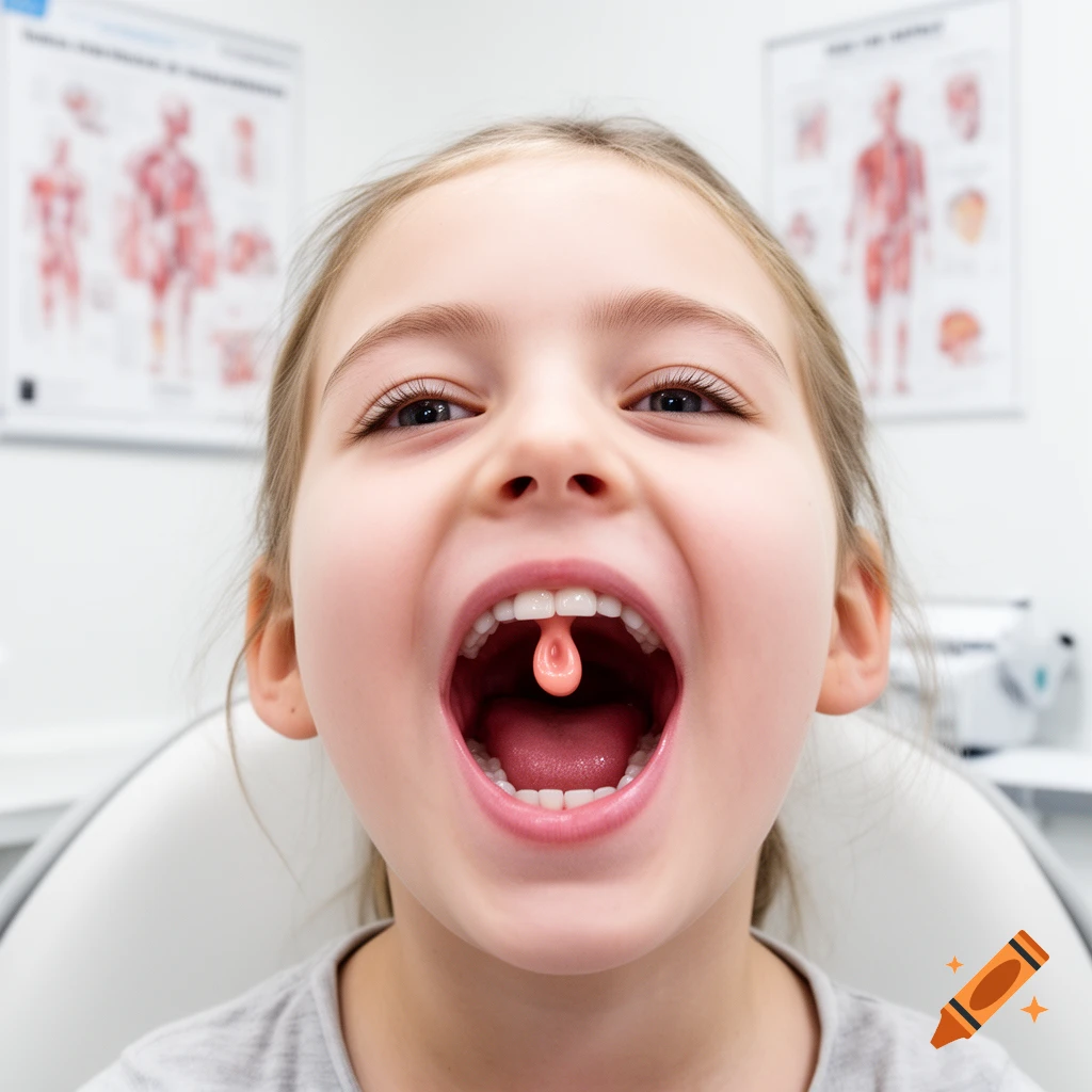 Close-up of a smiling young girl with her mouth wide open, revealing her uvula, in a doctor's office.