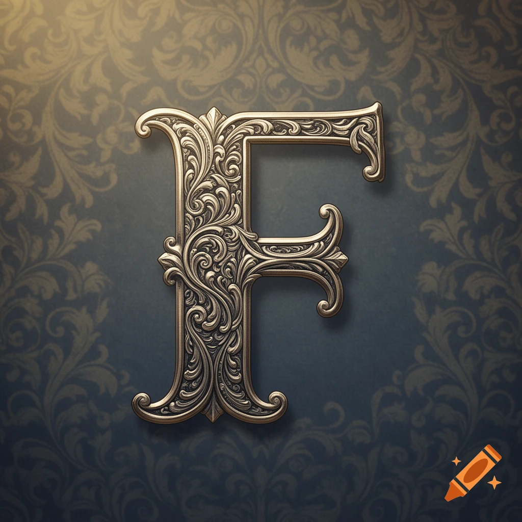 Ornate gold engraved capital letter F against a dark blue background with a subtle gold damask pattern.