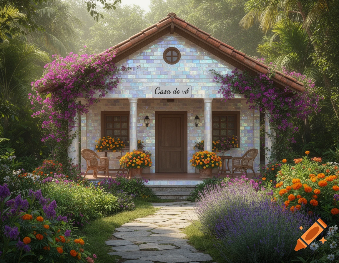 A charming house with a tiled roof, white iridescent walls, and a porch covered in purple bougainvillea, surrounded by a lush flower garden and stone path.