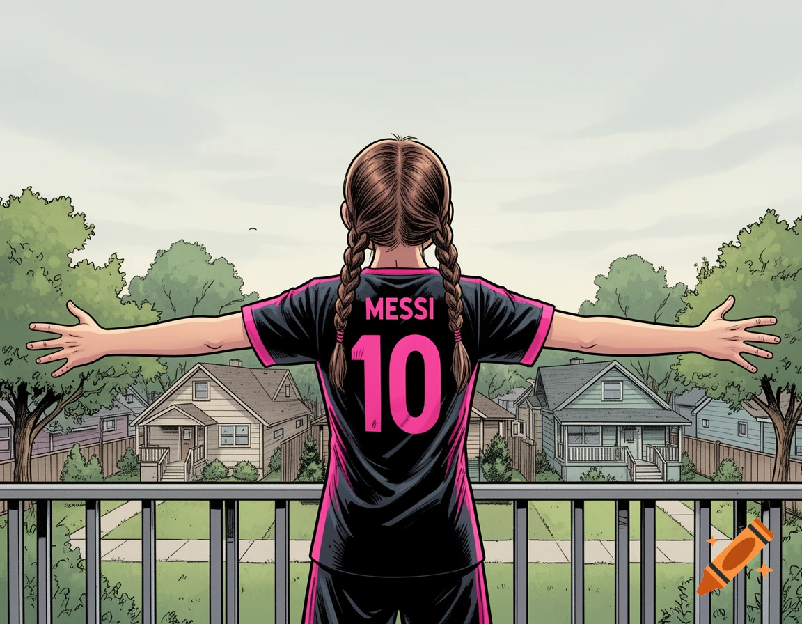 Comic book illustration of a young girl in a "MESSI 10" soccer jersey, standing on a balcony with arms outstretched, overlooking a suburban neighborhood.